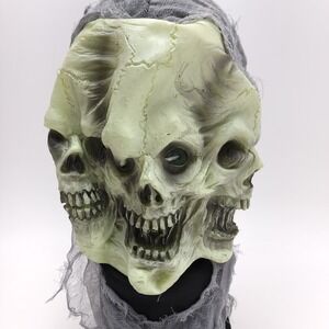 Triple Face Skull Mask with Grey Gauze Hood Halloween Horror Costume Accessory